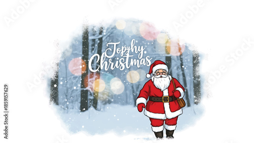 A cartoon depiction of a jolly man in a red suit with a snowy forest background, and soft, bokeh lights, with text "Tophyhy Christmas.