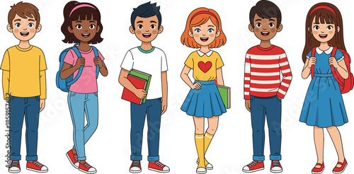 Cute cartoon school children character set illustration with diverse boys and girls students standing together in flat vector style