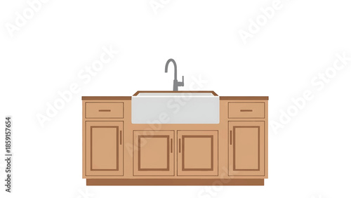 A cartoon depiction of a kitchen cabinet set with a farmhouse-style sink and faucet, brown cabinets, and white background