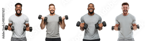 Happy men lifting dumbbells during strength training isolated on transparent background png