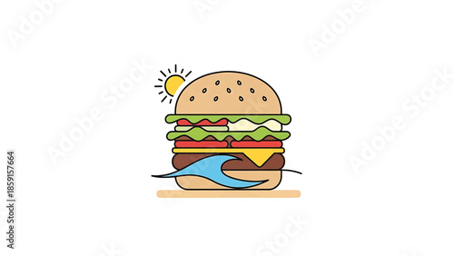 A cartoon depiction of a large burger with the ocean in it. A sun is depicted at the left top corner. White background