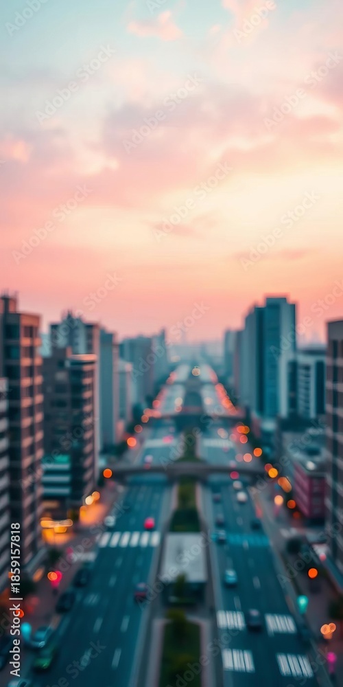 Fototapeta premium Soft-focus cityscape under a diffused pastel sky, geometric pathways shimmer like watercolor dreams, abstract, overhead