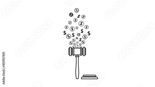 A black and white graphic showing a gavel beneath a stream of dollar signs. The background is plain white