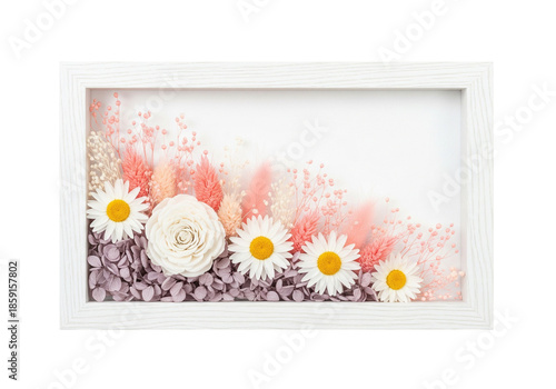 Framed Floral Art with White Rose and Daisies on Pink-Purple Background