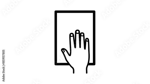 A black and white graphic showing a hand touching a rectangular shape, possibly a screen or surface. The background is white