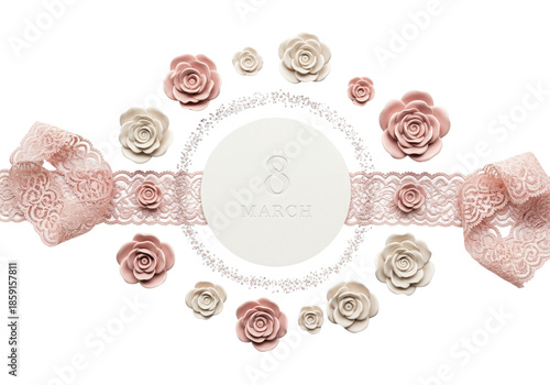 Floral Design with Roses and Lace Ribbon Celebrating March 8 on White Background