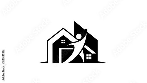A black and white graphic represents a figure standing inside two stylized houses. A person with open arms celebrates. Two windows are visible