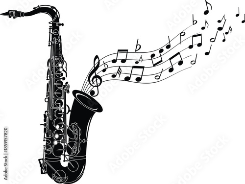 Black and white silhouette of a saxophone playing music with flowing stave and musical notes, perfect vector illustration for jazz, blues, classical, and musical concert or album cover design.