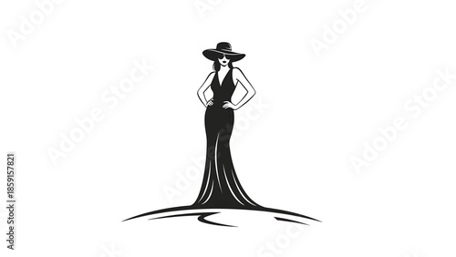 A black and white illustration of a slender figure wearing a hat and sunglasses, dressed in a long, elegant gown. The person poses with hands on hips