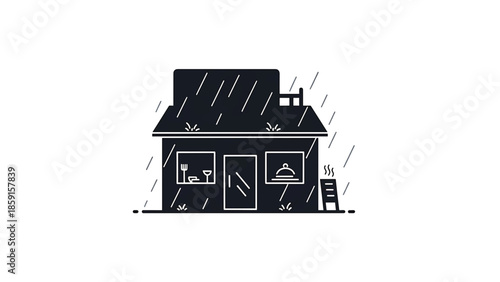 A black and white illustration of a small building during a rain shower. It has a sign and details visible within the windows