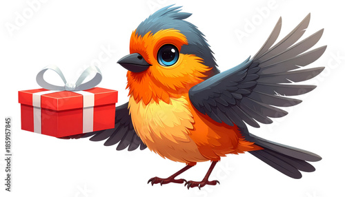 Charming Animated Bird Character Presenting a Festive Red Gift Box
