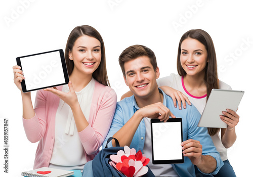 Smiling Young Adults Presenting Tablets in Minimal White Setting
