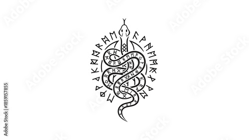 A black and white illustration of a snake intertwined with an oval shape with ancient writing around. The snake has detailed scales