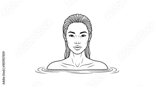 A black and white line drawing of a woman's face and shoulders emerging from water. Hair pulled back