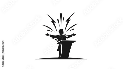 A black and white illustration of a speaker at a podium, with energy lines emanating. The figure is giving a speech