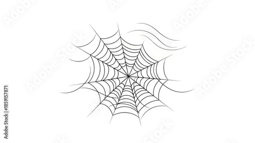 A black and white illustration of a spider web in the center of the frame, with stylized lines above