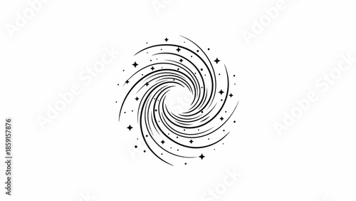 A black and white illustration of a spiral with lines, dots, and star-shaped elements, centered on a white background. It evokes a cosmic feeling