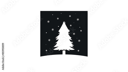 A black square features a white evergreen tree, situated on a snow bank, with falling snowflakes. This simple illustration evokes winter
