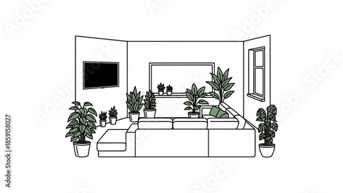 A black and white line drawing of an interior scene, showcasing a sectional sofa, TV, window, and numerous potted plants