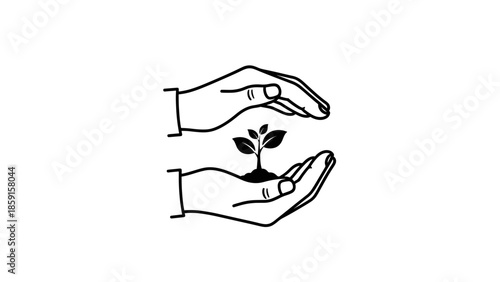 A black and white line drawing of hands cradling a sprouting plant, symbolizing protection and nurture on a white background