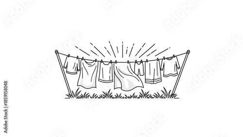 A black and white line drawing of clothes hanging on a clothesline with sun rays emanating above. Grassy foreground