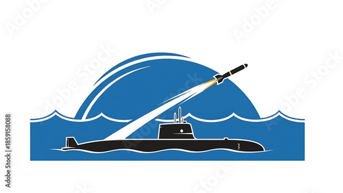 A black submarine on blue waters launches a missile toward the sky. An abstract illustration of a vessel launching a projectile