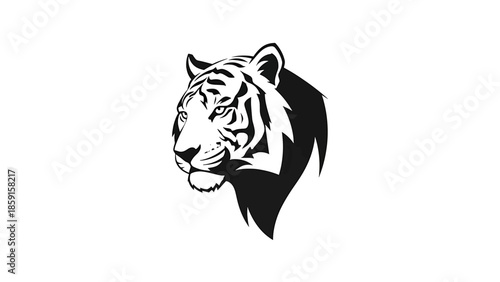 A black and white illustration shows the profile of a tiger's head. The stylized image uses bold lines, capturing the animal's features
