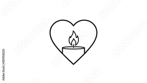 A black-line illustration of a heart shape, with a lit candle inside. The flame of the candle is stylized and upward