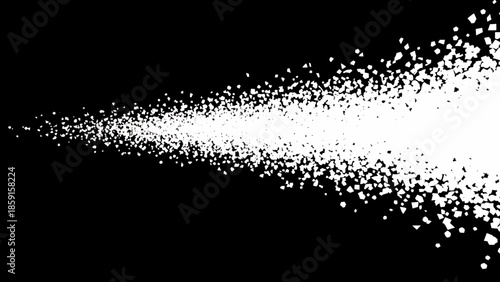 A black and white image features a stream of fragmented white shapes against a dark background, creating dynamic visual interest