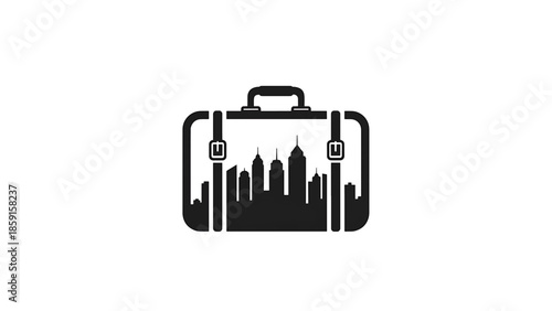 A black and white logo featuring a suitcase silhouette with city skyline inside. The luggage includes buckles and a handle on top