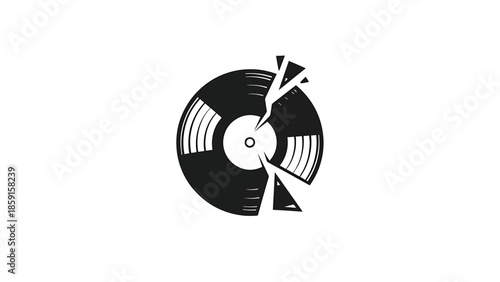 A black and white image of a vinyl record breaking apart. The record is shattered into pieces, symbolizing damage or a broken concept