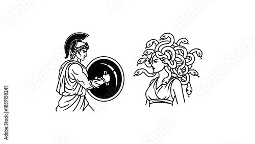 A black and white line art depicting a Greek warrior facing a woman with snakes for hair. The warrior holds a shield