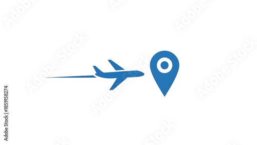 A blue airplane and a location marker on a white background, suggesting travel and destination. Simple, graphic design
