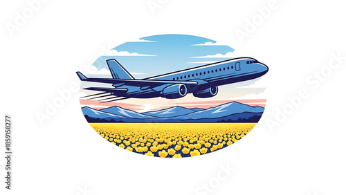 A blue airplane takes off over a field of yellow flowers, mountains, and a colorful sky in a circular design