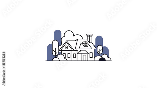 A black and white line art illustration depicts a house with a chimney and windows, situated amongst stylized trees and textured blue shapes