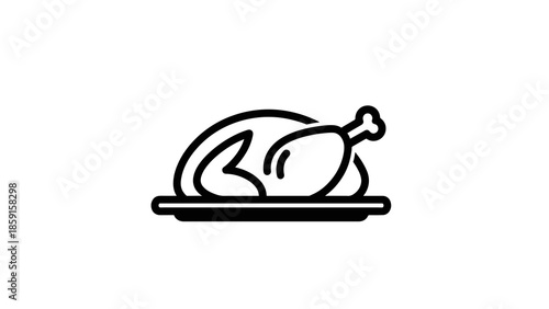 A black and white line art illustration depicts a roasted poultry on a platter. The image features a simple, modern design
