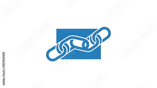 A blue chain links together, resting on a blue square on a white background, symbolizing connection and unity