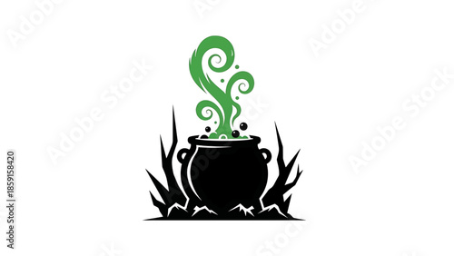 A black cauldron with green steam, surrounded by jagged black shapes. Bubbles and swirls indicate brewing. Illustration has simple, clean lines
