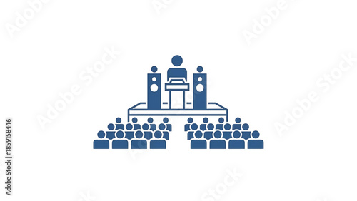 A blue graphic depicts a speaker on a stage with two large speakers and a lectern, addressing an audience composed of human-shaped icons