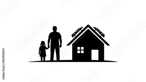 A black and white silhouette of a father holding a daughter's hand next to a house with solar panels on the roof, all placed on a single ground line