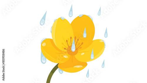 A bright yellow flower under falling cartoonish raindrops on a white background