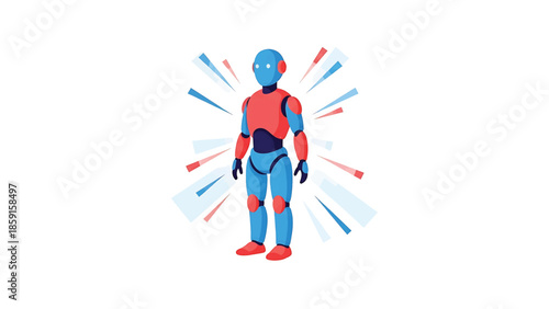 A brightly colored robot design stands out against a clean white backdrop. The humanoid figure has blue, red, and dark accents. Geometric lines emanate from it