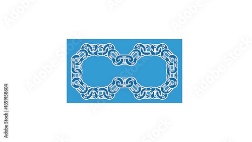 A blue rectangle features a linked chain design in white and blue, forming two linked rectangles within. The background is a textured, solid color
