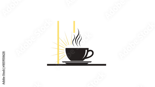A black coffee cup with steam, set on a saucer, and a shelf, a yellow sunburst graphic is on the left