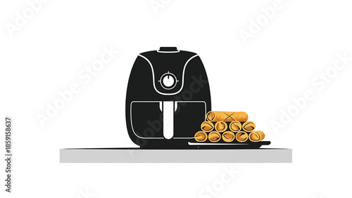 A black cooking appliance with food on a plate, presented against a white background with a simple and modern aesthetic