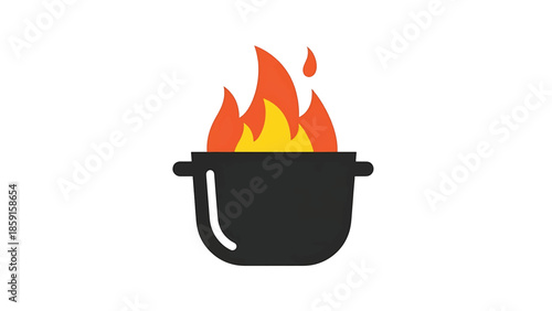 A black cooking pot with two handles, adorned with flames. The flames consist of yellow and orange colors, and are set against a white background