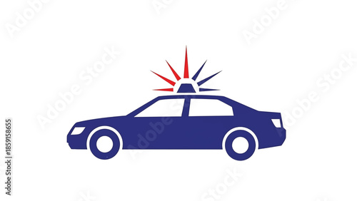 A blue sedan icon with a light bar of red and white accents on top, set against a plain white background. It's a stylized graphic