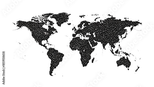 A black and white stylized illustration depicting the world map filled with tiny silhouettes, representing global population