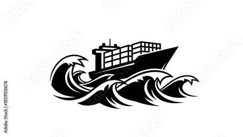 A black and white stylized illustration depicts a cargo ship navigating ocean waves. The vessel is in silhouette, creating contrast with the water