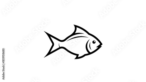A black and white stylized illustration depicts a fish in profile. It has fins, a tail, an eye, and curved lines